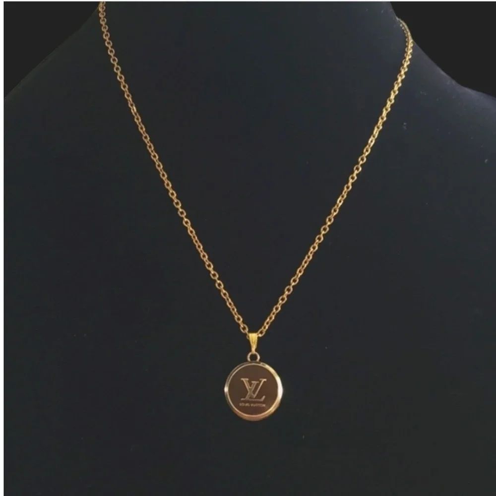 Louis Vuitton Upcycled Button Pendant Necklace Gold Tone LV Monogram Brown - Picture 3 of 5